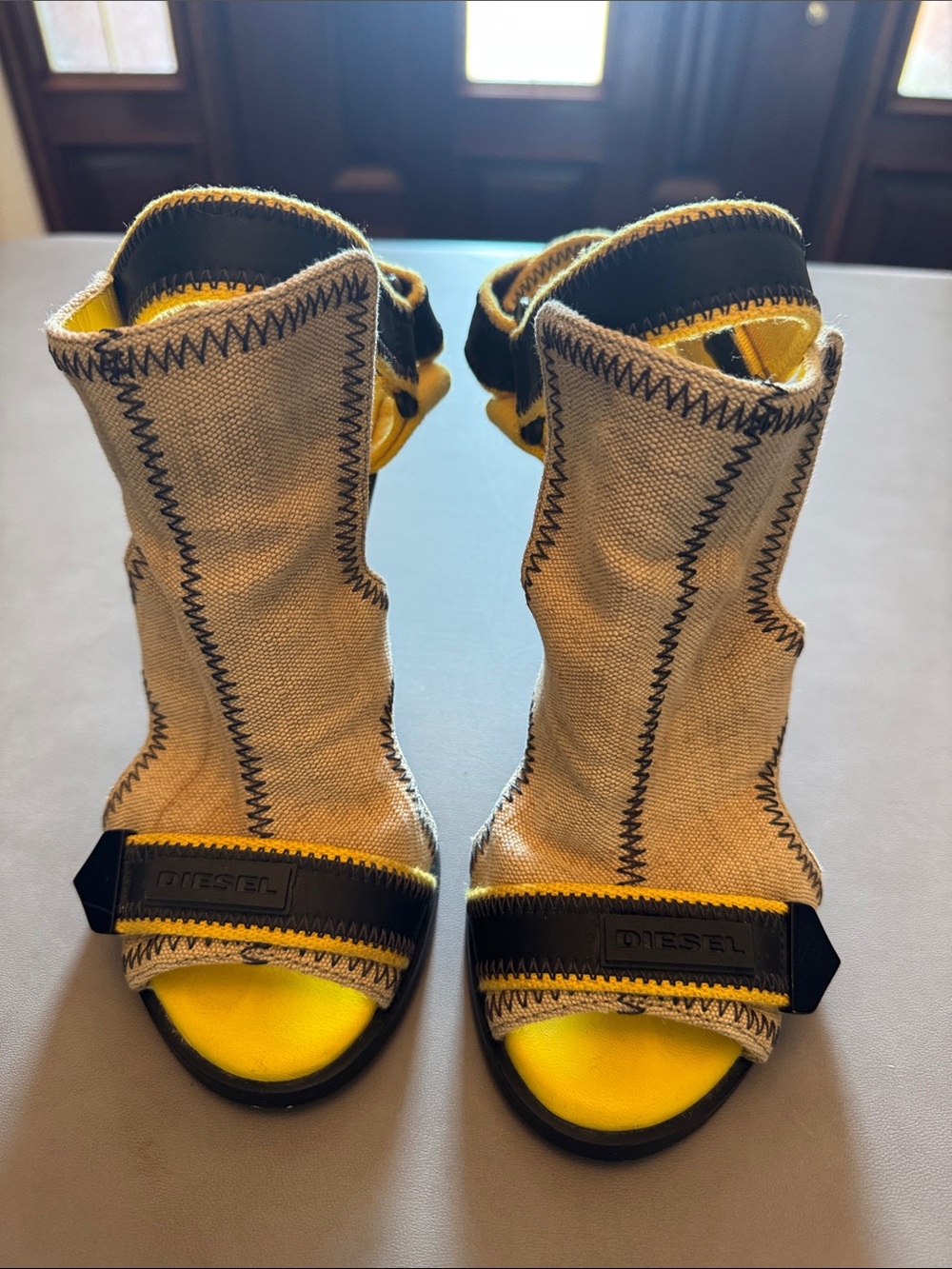 Diesel EU 39 Canvas Gladiator Heeled Sandals Yellow Black Statement Shoes